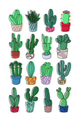 Minimalist vector collection of cactuses in colorful pots. Potted plants. Succulent, cacti. Nature. Decoration for cards, posters. - 514188734