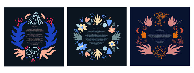 Collection of colorful vector frames on dark background. Templates with flowers, leaves, plant elements. For invitations, posters, cards, magazine articles.