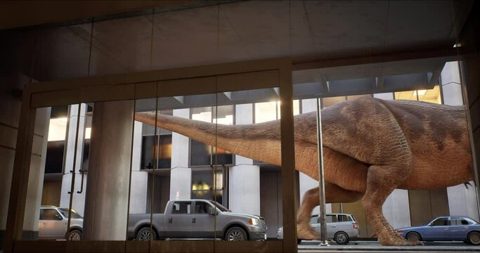 Tyrannosaurus rex walks down a New York street. Dinosaur on the hunt. High skyscrapers downtown in the big city. USA, North America. 