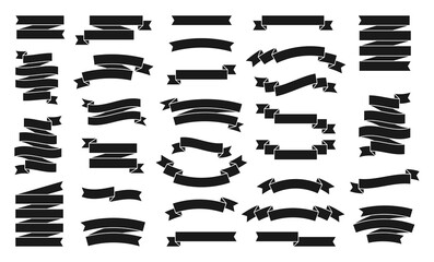 Ribbons black different shapes set. Vector element for decoration different configuration.Text banner sign. Decoration design element. Vintages flag colorful icon symbol isolated on white background