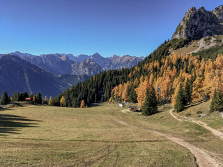 Breathtaking mountain scenery landscape in the Austrian Bavarian Alps Rofan with Achensee lake,...