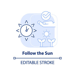 Follow sun light blue concept icon. Sunlight for plants. Gardening recommendation abstract idea thin line illustration. Isolated outline drawing. Editable stroke. Arial, Myriad Pro-Bold fonts used
