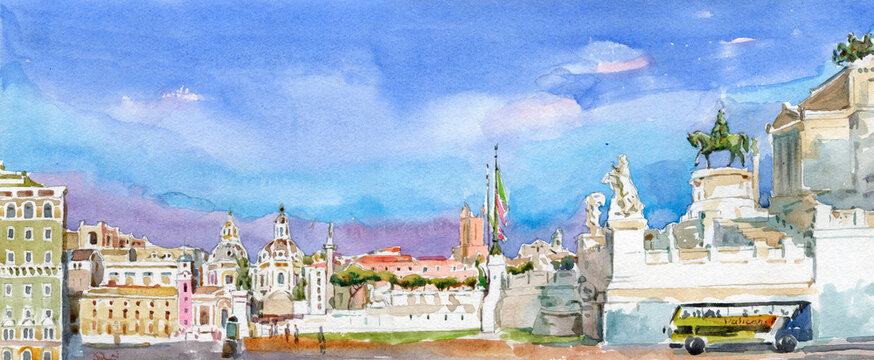 Victor Emmanuel II Monument. Watercolor painting of the old city. Panoramic background of Rome Italy. Wide web banner. Cover on the theme of traveling and tourism.
