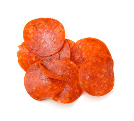 Slices of pepperoni on white background  - 514190787