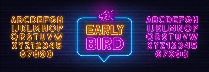 Early Bird neon sign in the speech bubble on brick wall background. - obrazy, fototapety, plakaty