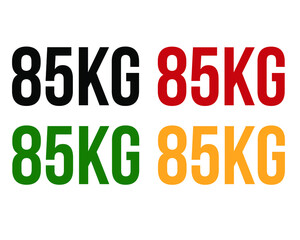 85kg text. Vector with value in kilograms black, red, green and orange on white background.