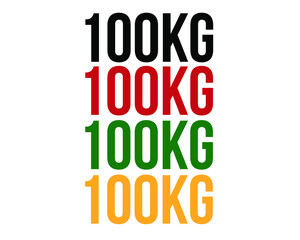 100kg text. Vector with value in kilograms black, red, green and orange on white background.