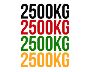 2500kg text. Vector with value in kilograms black, red, green and orange on white background.