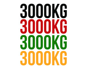 3000kg text. Vector with value in kilograms black, red, green and orange on white background.