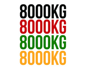 8000kg text. Vector with value in kilograms black, red, green and orange on white background.