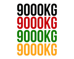 9000kg text. Vector with value in kilograms black, red, green and orange on white background.