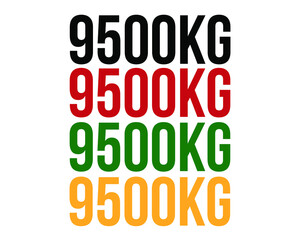 9500kg text. Vector with value in kilograms black, red, green and orange on white background.