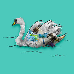 Contemporary conceptual art collage with painted animal filled with garbage and plastic waste. Pollution, saving environment, ecology, world social and eco issues