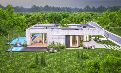 3d rendering of new concrete house in modern style with pool and parking for sale or rent and beautiful landscaping on background. Only one floor. Clear summer evening with cozy light from window