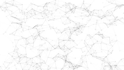 Plexus effect. Lines, points, and planes. Black and white background. Blur and fog.  3D render.