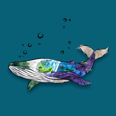 Contemporary conceptual art collage with drawn fish whale filled with garbage and plastic waste....