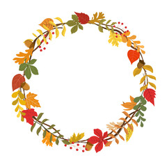 Autumn colorful leaf wreath with dry autumn leaves, acorns, and berries. Thanksgiving day, harvest festival poster design template. Vector illustration. Isolated on white background.