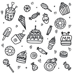 Sweets doodle set. Collection of hand drawn sketches templates of different delicious food desserts candies cake pie honey and lollipops. Unhealthy nutrition and lifestyle illustration.
