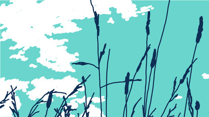 Colorful vector illustration. Field grass on a background of blue sky with clouds. Summer vibes. Nature.