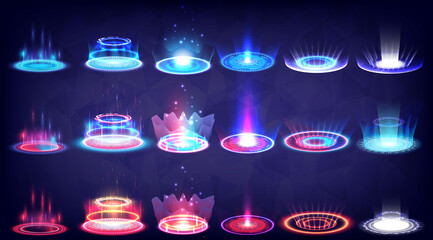 Sci-fi high-technology stage collection in red and blue glowing HUD. Hologram portal swirl light of science futuristic. Magic warp gate in game fantasy. Circle teleport podium. HUD tech circle © BOTCookie