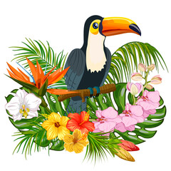 Fototapeta na wymiar Bouquet of tropical flowers and toucan.Colored vector illustration with tropical flowers and toucan on a transparent background.