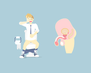 man using flush toilet, having stomach ache, suffering from diarrhea or constipation, male reproductive system, internal organs anatomy nervous system, vector illustration cartoon flat character