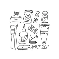 Minimalist vector collection of artist materials. Brushes, paints, rubber, pastels. Artist tools black and white line drawing.