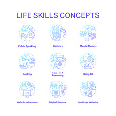 Life skills blue gradient concept icons set. Learning psychosocial competencies idea thin line color illustrations. Personal development. Isolated symbols. Roboto-Medium, Myriad Pro-Bold fonts used