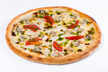 Pizza with cheese, tomatoes, chicken and mushrooms