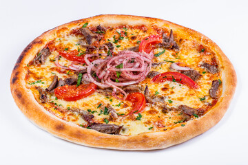 Pizza with tomatoes, cheese, meat, onions, dill and sauce