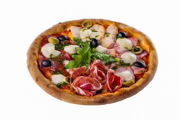 Pizza with olives, pepperoni, pesto, prosciutto, arugula, cheese, ham and chicken