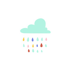 Cartoon cloud with colored raindrops. Childish print for apparel, nursery, cards,posters. 
