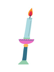 Vector illustration of burning candle. Blue candle in colorful candlestick. Decorative element.