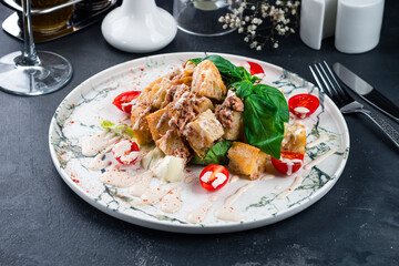 Traditional salad with bread, vegetables and tuna or Panzanella salad. Italian Cuisine