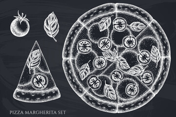 Pizza hand drawn vector illustrations collection. Chalk pizza margherita.