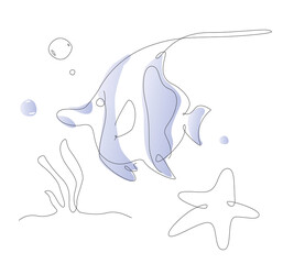 one line aquarium fish. ocean life moorish idol. outline sea fishes. cute poster illustrations.
