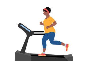 Plump woman running on treadmill to lose weight. Overweight girl jogging on fitness equipment. African american woman training. Flat vector illustration
