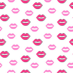 Lips seamless pattern. Pink and red lips with black outline on white background. For wallpaper,  web page background, surface textures. Vector illustration.