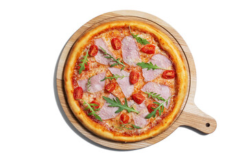 Pizza with cheese, arugula, tomatoes, ham and sauce