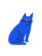 Vector illustration of blue cat with yellow eyes. Depiction of sitting animal. Pet. Decorative element for cards, posters.