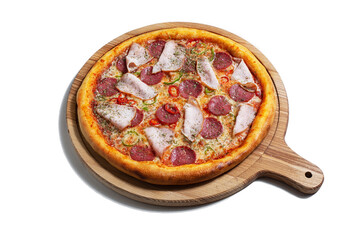 Pizza with cheese, ham, sausages, pepper onions and sauce