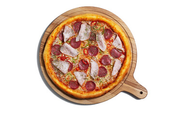 Pizza with cheese, ham, sausages, pepper onions and sauce