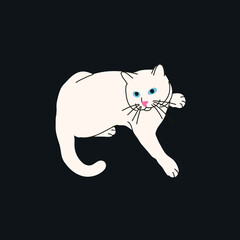 Minimalist vector illustration of white cat with blue eyes on dark background. Pet. Depiction of an animal. Cute image. For cards, posters, stationery. - 514198333