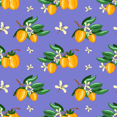 Tropical seamless pattern with yellow mango and flower on the pink background. Fruit repeated background. Vector bright print for fabric brands packaging wallpaper.