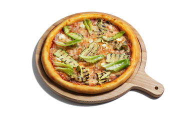 Pizza with cheese, salad, zucchini and sauce