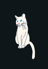 Minimalist vector illustration of white cat with blue eyes on dark background. Pet. Depiction of sitting animal. Cute image. For cards, posters, stationery.