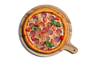 Pizza with cheese, olives, pepperoni, tomatoes, basil and sauce