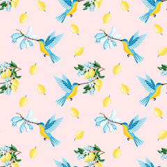 Tropical seamless pattern with yellow lemons and hummingbird on the pink background. Fruit repeated background. Vector bright print for fabric brands packaging wallpaper.