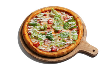 Pizza with tomatoes, parmesan, mayonnaise, salad and sauce