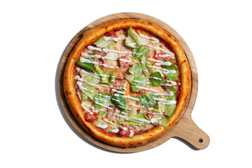 Pizza with tomatoes, parmesan, mayonnaise, salad and sauce